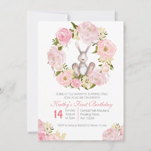 Eerste Birthday bunny girl Uitnodigingskaart Kaart (Voorkant)