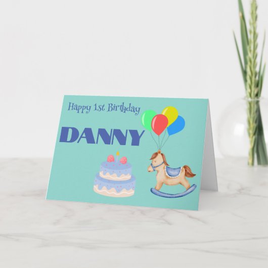 EERSTE BIRTHDAY CAKE EN ROCKING HORSE CUSTOM KAART (Voorkant)
