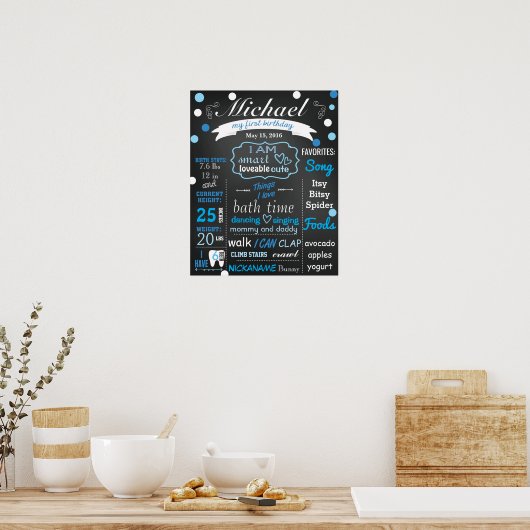 Eerste Birthday Chalkboard bord confetti blue Poster (Keuken)