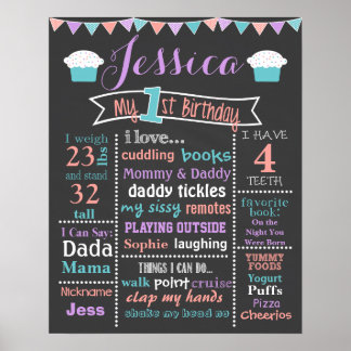 Eerste Birthday Chalkboard Cupcake Sign - Girl Poster