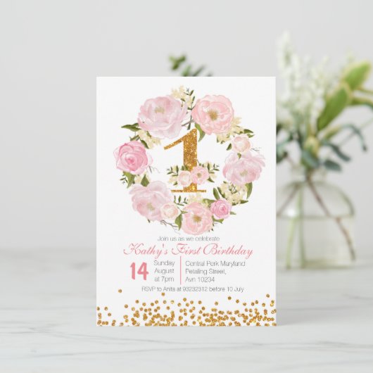 Eerste Birthday Floral girl Uitnodigingskaart Kaart (Staand voorkant)