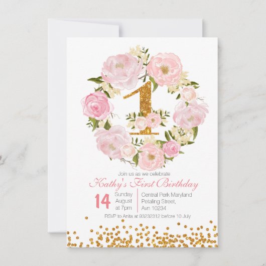 Eerste Birthday Floral girl Uitnodigingskaart Kaart (Voorkant)