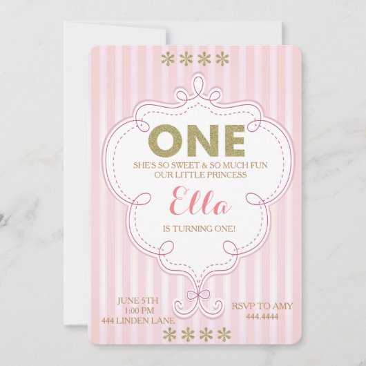 Eerste Birthday Gold en roze uitnodiging van de ge (Voorkant)