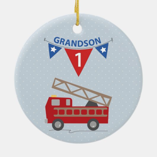 Eerste Birthday Grandson, Firetruck Keramisch Ornament (Achterkant)