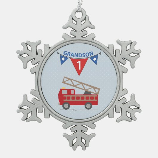 Eerste Birthday Grandson, Firetruck Tin Sneeuwvlok Ornament (Voorkant)