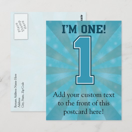 Eerste Birthday jongen, ik ben 1, Big Blue Number  Briefkaart (Voorkant / Achterkant)