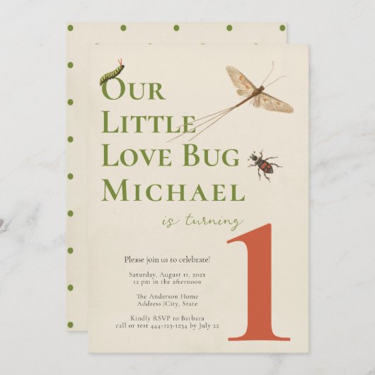 Eerste Birthday Little Love Bug Baby Uitnodiging (Voorkant / Achterkant)