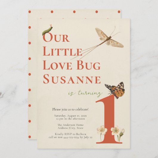 Eerste Birthday Little Love Bug Baby Uitnodiging (Voorkant / Achterkant)