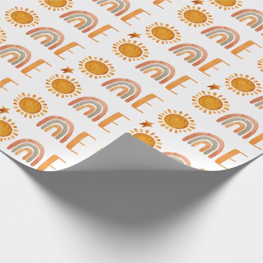 Eerste Birthday Waterverf Sun en Rainbow Boho Cadeaupapier (Hoek)