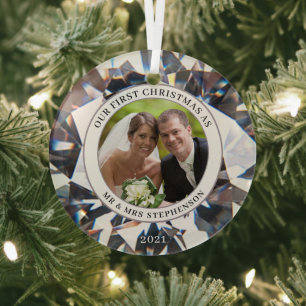EERSTE CHRISTMAS ALS MR. MRS. Elegant Diamond Foto Glas Ornament