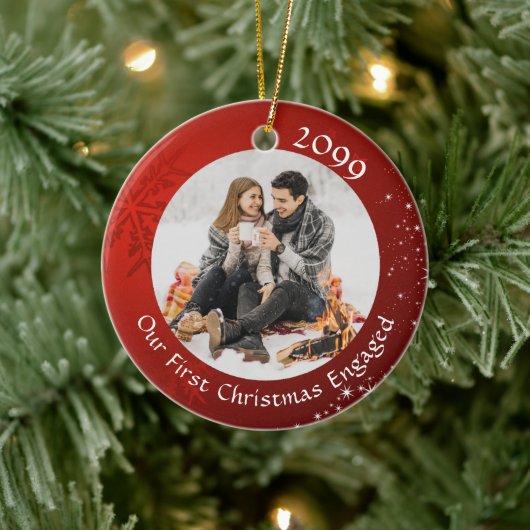 EERSTE CHRISTMAS INGENAGED Red Snowflake 2 Foto Keramisch Ornament (Boom)