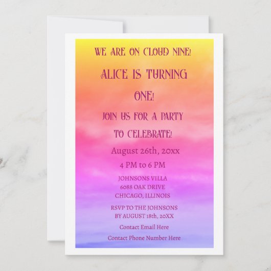 Eerste Cloud Nine Verjaardagsfeest 1e roze kunst Kaart (Voorkant)