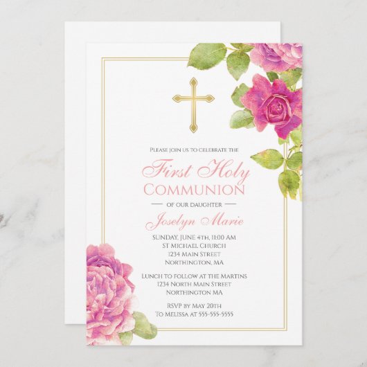 Eerste communale goudroze rozen bloemen kaart (Voorkant / Achterkant)