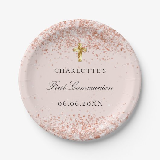 Eerste Communauté blush roos gold glitter name Papieren Bordje (Voorkant)