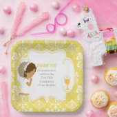 Eerste Commune African American Gold Damask Papieren Bordje (Feest)