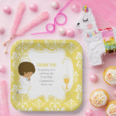 Eerste Commune African American Gold Damask Papieren Bordje (Feest)