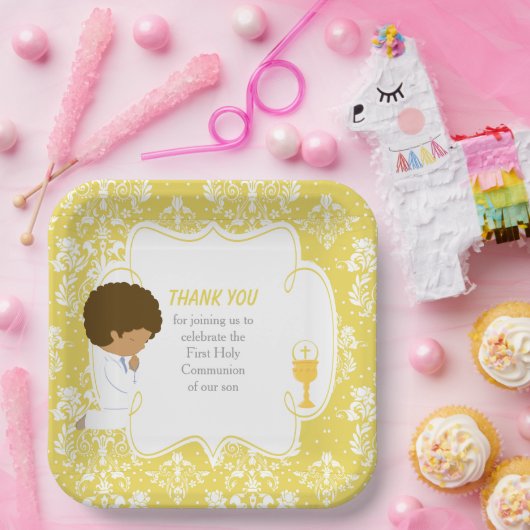 Eerste Commune African American Gold Damask Papieren Bordje (Feest)