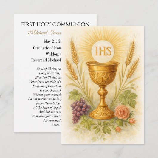 Eerste Communie Aandenken Eucharistische Kelk Kaar Aankondiging (Voorkant / Achterkant)