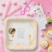 Eerste Communie Afro-Amerikaanse Peach Damask Papieren Bordje (Feest)