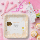 Eerste Communie Afro-Amerikaanse Peach Damask Papieren Bordje (Feest)