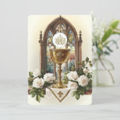 Eerste Communie Altaarkelk Hostie Witte Rozen Kaart (Staand voorkant)