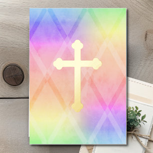 Eerste Communie Aquarel Kruis Regenboog Folie Uitnodiging