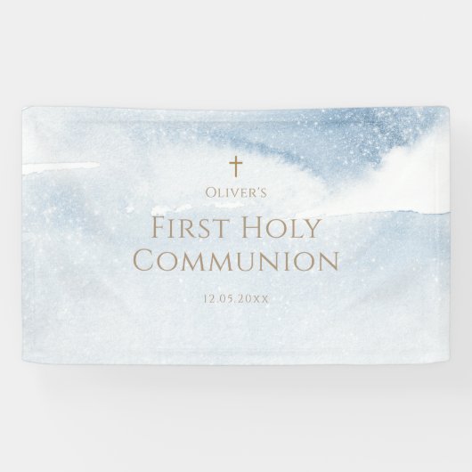 Eerste Communie Banner Jongen Blauwe Waterverf (Horizontaal)