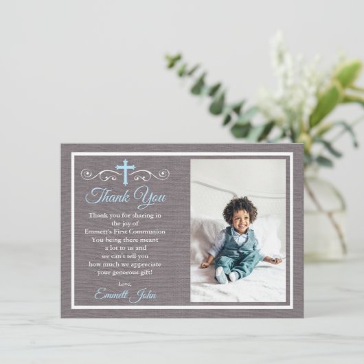 Eerste Communie Bedankt Card Boy Blue Grey Kaart (Staand voorkant)