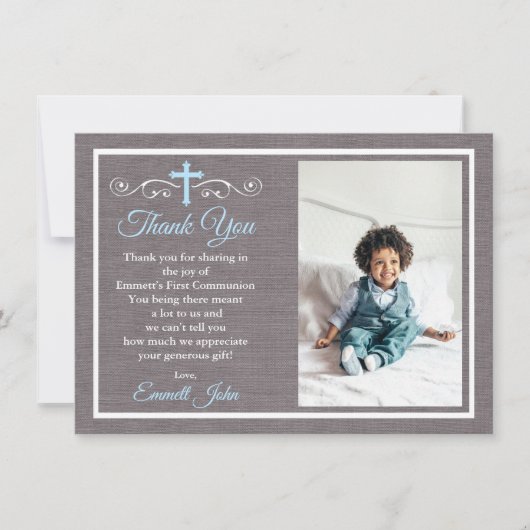Eerste Communie Bedankt Card Boy Blue Grey Kaart (Voorkant)