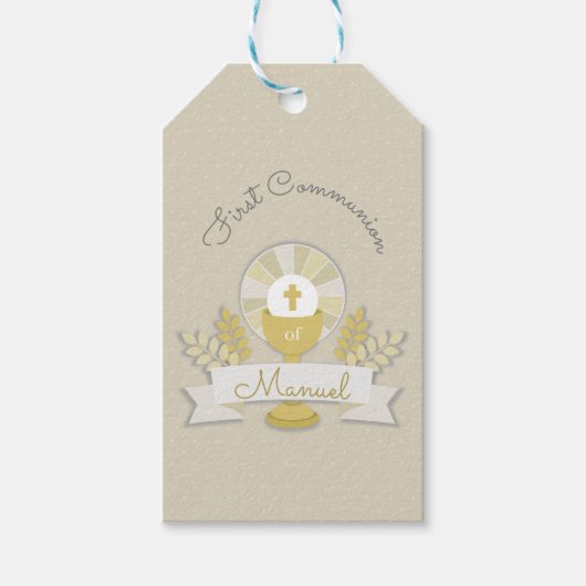 Eerste communie, beige eerste communie cadeaulabel (Voorkant)