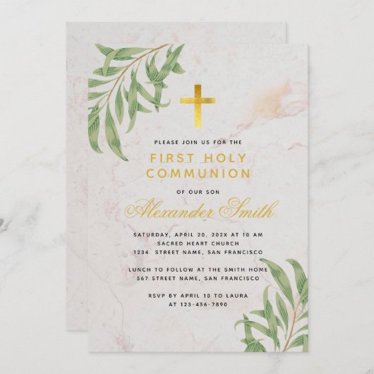 Eerste Communie Bladergebladerte Gouden Marmeren W Kaart (Voorkant / Achterkant)