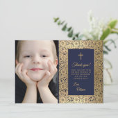 Eerste Communie  Blauw Goud Bloemenfoto Bedankkaart (Staand voorkant)