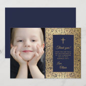 Eerste Communie  Blauw Goud Bloemenfoto Bedankkaart (Voorkant / Achterkant)