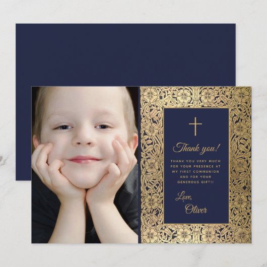 Eerste Communie  Blauw Goud Bloemenfoto Bedankkaart (Voorkant / Achterkant)