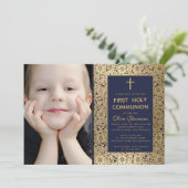 Eerste Communie Blauw Goud Bloemenfoto Kaart (Staand voorkant)