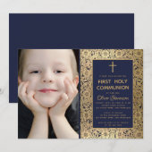 Eerste Communie Blauw Goud Bloemenfoto Kaart (Voorkant / Achterkant)