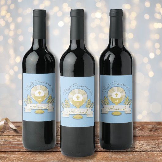 Eerste communie, blauwe eerste communie wijn etiket