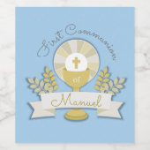 Eerste communie, blauwe eerste communie wijn etiket (Enkel label)