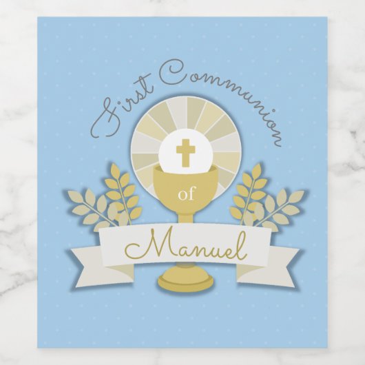 Eerste communie, blauwe eerste communie wijn etiket (Enkel label)