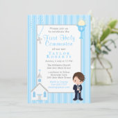 Eerste Communie Blauwe Strepen Bruin Haar Jongen I Kaart (Staand voorkant)