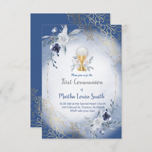 Eerste Communie Blauwe waterverf Kaart (Voorkant / Achterkant)