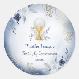 Eerste Communie Blauwe waterverf Ronde Sticker
