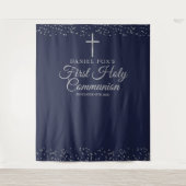 Eerste Communie Blauwe Zilveren Fotobackdrop Wandkleed (Voorkant)