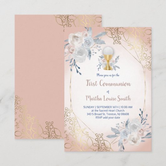 Eerste Communie bleke Bloemen Uitnodiging (Voorkant / Achterkant)