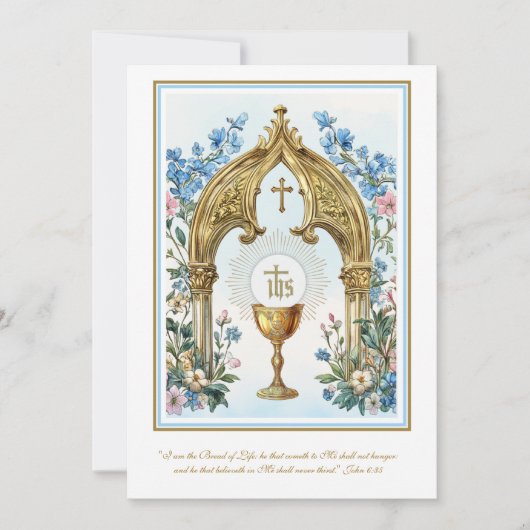 Eerste Communie Bloem- en Gouden Kelk Hostie Kaart (Voorkant)