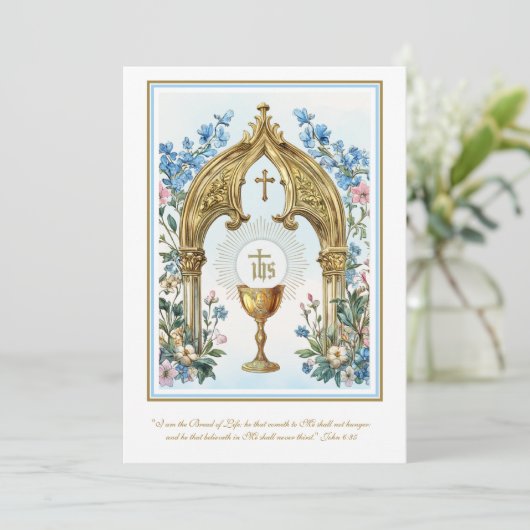Eerste Communie Bloem- en Gouden Kelk Hostie Kaart (Staand voorkant)