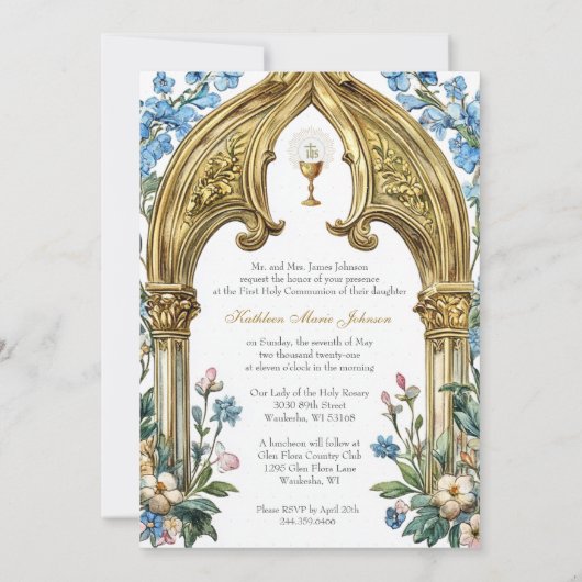 Eerste Communie Bloem- en Gouden Kelk Hostie Kaart (Achterkant)