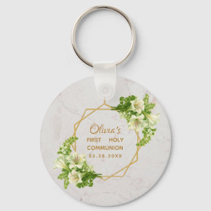 Eerste Communie Bloemen Marmer Goud Witte Lelies Sleutelhanger