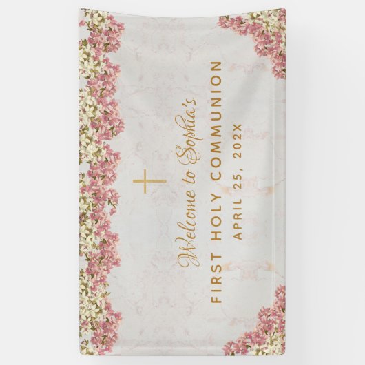 Eerste Communie Bloemen Roze Orchideeën Script Wel Spandoek (Verticaal)