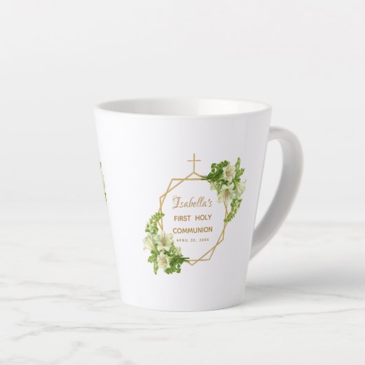 Eerste Communie Bloemenlelies Gouden Kruis Geometr Latte Mok (Rechterhoek)